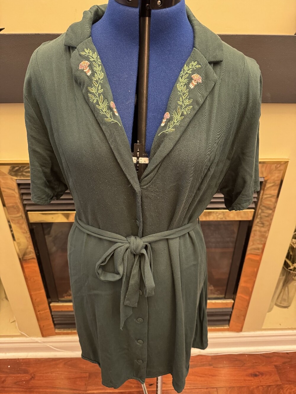 Disturbia Mushroom Embroidered Cottagecore Green Button Front Shirt Dress US 12